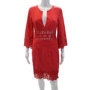 Nightcap Womens Cotton Lace Trim V Neck Open Back Pencil Dress Red Size 2